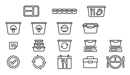 Meal prep and food storage icon set with lunch boxes, containers, and healthy eating symbols in a clean black line art style for diet and nutrition concepts