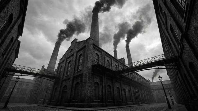Victorian era industrial building with smoking chimneys and cobblestone street. Historical architecture for industrial revolution concept.