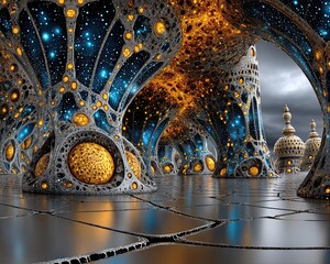 Post-Quantum Cryptography concept Futuristic surreal architectural landscape scene. Future Tech Encryption Illustration