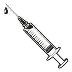 a medical syringe. It shows the plunger partially pulled back, a transparent barrel with measurement markings, a needle attached, and a single droplet falling from the tip of the needle.