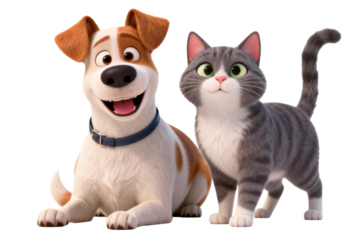 A happy dog and a cute cat from an animation