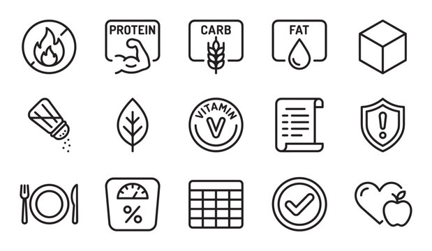 Set of black line icons representing nutrition facts, healthy eating, diet planning, and food properties like protein, carbs, and fat, presented in a clean, minimalist vector style