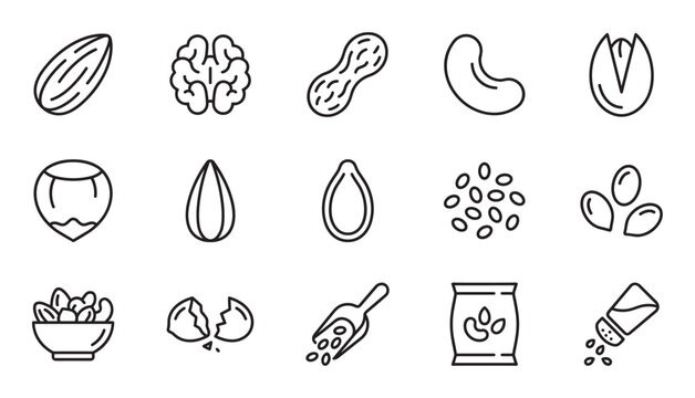 Set of nut and seed line icons featuring almond, walnut, peanut, cashew, pistachio, and hazelnut in a clean, minimalist style for healthy snack and nutrition concepts