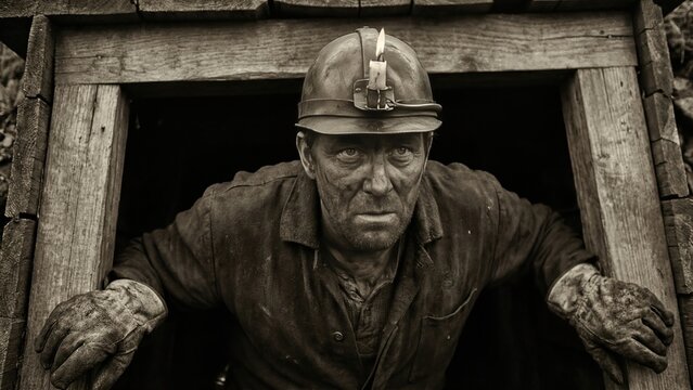 Man miner with sooty face and hard hat with candle emerging from mine tunnel. Gritty portrait of a coal worker for historical concept.