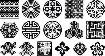 Traditional geometric and floral ornamental pattern icons set in black vector design, decorative cultural motifs for art, craft and design © Ideasy Mind