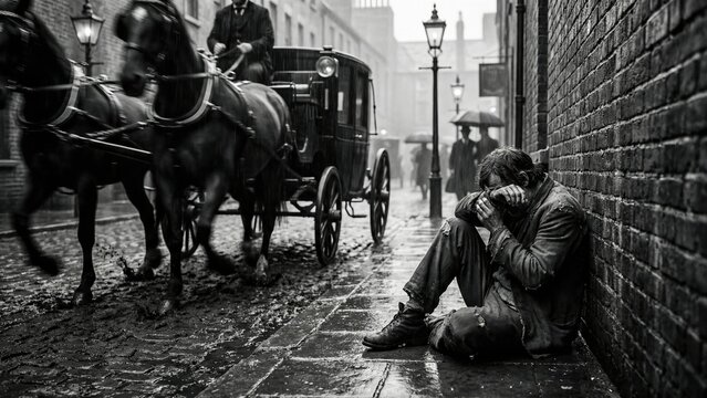 Man crying on wet street in poverty during Victorian era. Social inequality concept. Hopelessness and despair. Black and white photo.