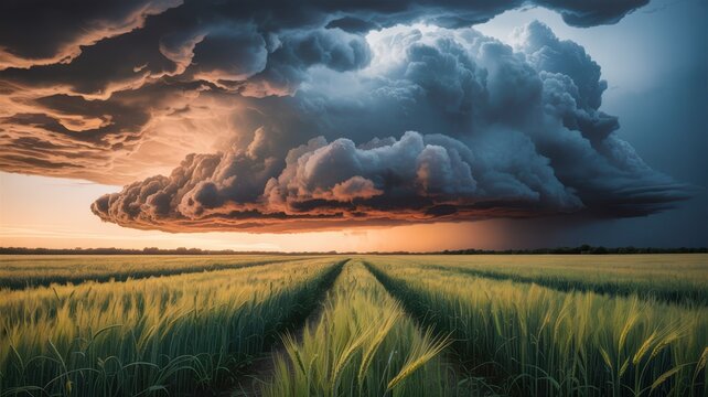 Dramatic Cumulonimbus Cloud Formation Over Wheat Field at Sunset with Stormy Weather Conditions Ahead Illustration - Powered by Adobe
