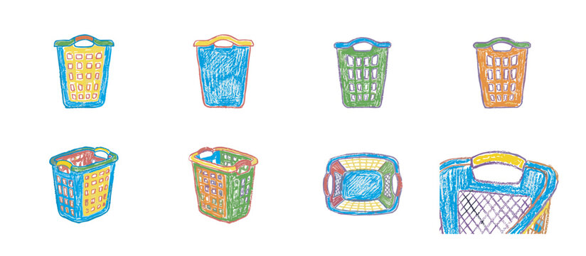 Eight colorful hand-drawn laundry baskets arranged in a collection with a whimsical crayon sketch style, showing different empty hamper designs for household chores