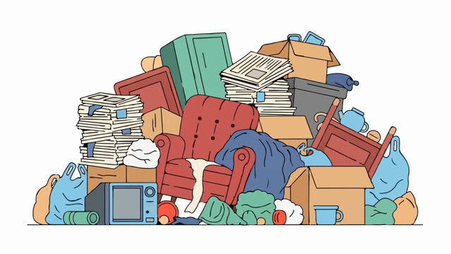 A cluttered heap of various household items including a chair, boxes, and trash bags