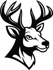 Majestic deer head mascot with large antlers, black and white wildlife stag logo design for sports or hunting apparel