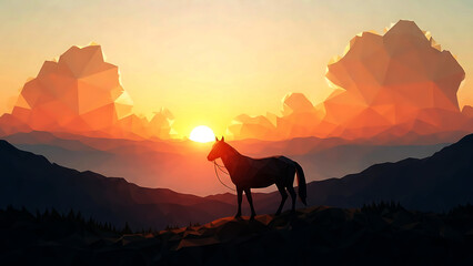 A majestic horse silhouette against a low-poly sunset landscape