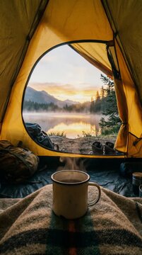 Morning sunrise view from tent overlooking serene lake with steam from coffee mug. Loop