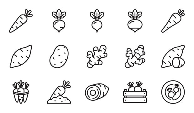 Collection of root vegetable outline icons including carrot, potato, sweet potato, beet, and ginger, presented in a clean, modern, and minimalist black line art style