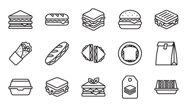 Collection of sandwich and fast food icons in a minimalist black outline style, depicting club sandwiches, burgers, subs, wraps, paninis, and takeaway packaging