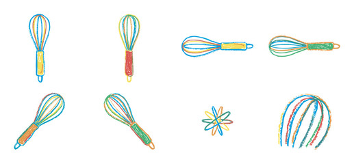 Colorful hand-drawn kitchen whisk illustrations in a playful crayon style, showcasing a set of baking utensils from various angles for a creative and whimsical culinary concept