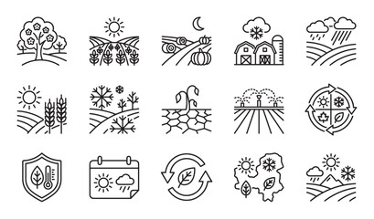 Collection of agriculture and farming line icons showing seasonal changes, weather patterns, and environmental concepts like drought, irrigation, and sustainable cultivation