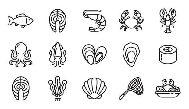 Seafood and fishing line icon set with fish, shrimp, crab, lobster, octopus, squid, oyster, and sushi for restaurant menus or culinary design, presented in a minimalist style