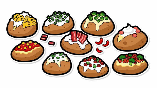 A collection of cartoon baked potatoes with various toppings like cheese, bacon, chives, chili, and more
