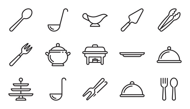 Set of black line art icons for buffet and catering service, featuring kitchenware and serving utensils like a cloche, ladle, chafing dish, tureen, and tiered stand