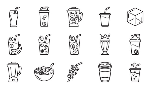 Set of smoothie and juice icons in a minimalist black line art style, illustrating healthy beverages, blenders, shakers, fruit bowls, and milkshakes for a diet or cafe menu