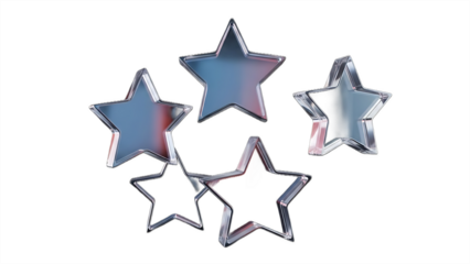 A cluster of five shiny metallic stars reflecting light on a dark background