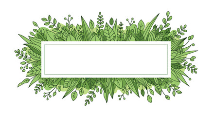 Rectangular white space for text surrounded by a dense and vibrant border of various green leaves and botanical elements.
