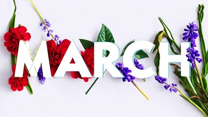 A colorful floral arrangement spelling out the word March on a white background