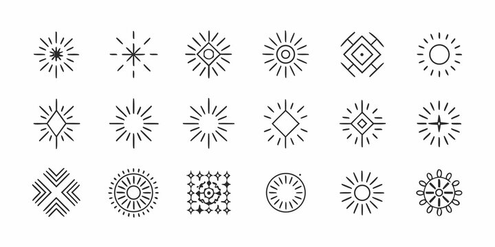 Collection of minimalist geometric shapes and line art sunburst designs displayed