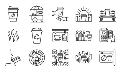 Fototapeta premium Set of black line coffee icons showing takeaway cups, a street cart, payment terminal, and city life concepts in a minimalist outline style for graphic design and user interface