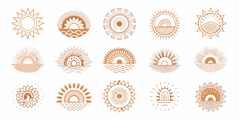Collection of minimalist sun and wave illustrations in a warm earth tone