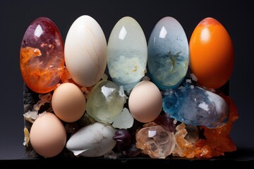 Decorative natural and artificial eggs with colorful crystals on a dark background