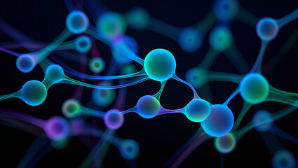 Vibrant molecular network or neuronal connections glowing with blue and green hues on a dark background