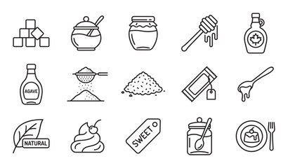 Sugar and sweetener line icon set with various sweet food and dessert symbols like honey, maple syrup, agave, and sugar cubes in a minimalist outline style