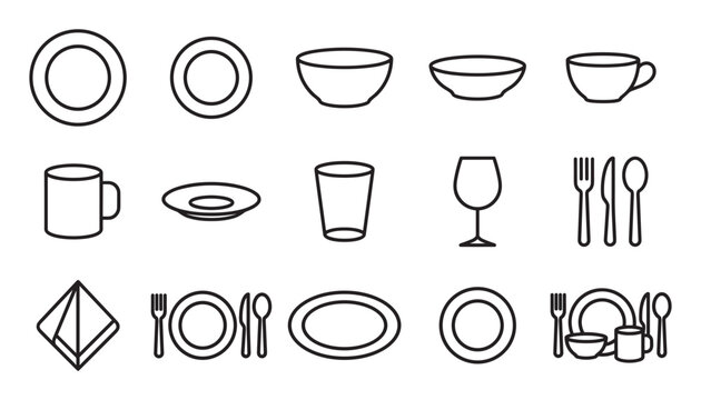 Set of black line art tableware icons showing various kitchen and dining elements like plates, bowls, cutlery, and glasses in a minimalist graphic style for restaurant menus