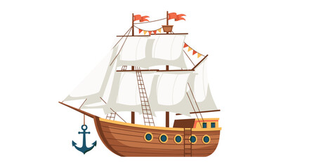Traditional wooden sailing ship with large white sails and a blue anchor set against a clean white background for design.
