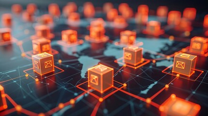 World map with orange cubes as packages linked by lines for global delivery and supply chain