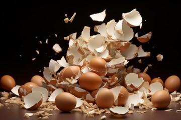 Broken brown eggshells with whole eggs on a dark background depicting fragility and waste