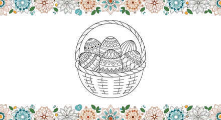 Hand drawn basket filled with patterned Easter eggs positioned between two horizontal floral borders on a white background.