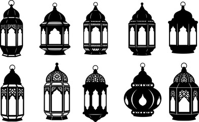 Islamic Lantern Icon Set - Ramadan Fanous Silhouette Collection - Traditional Arabic Lamp Vector