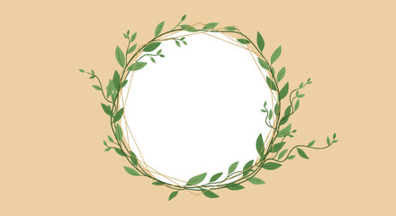 Golden geometric frame intertwined with lush green leafy vines creating a sophisticated natural border on a beige background.