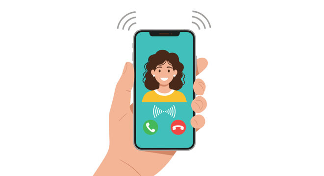 Person holding a smartphone showing an incoming video call from a smiling woman with brown hair on a teal screen background.