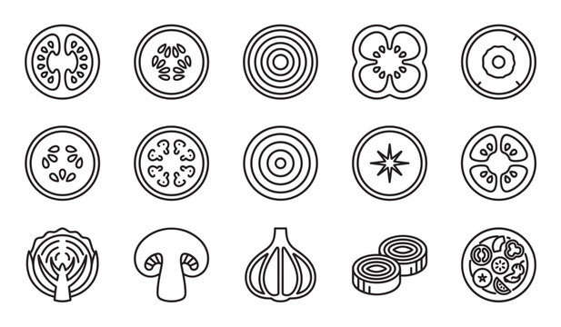 Set of black line art vegetable icons showing various sliced produce like tomato, onion, pepper, and mushroom for cooking and food concepts in a clean, minimalist graphic style