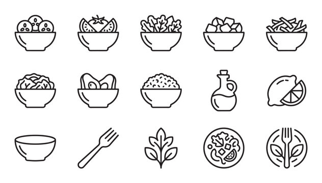 Set of black line art icons representing various salads, healthy food ingredients, and utensils for a nutritious meal, including bowls, vegetables, lemon, and oil in a clean minimalist style