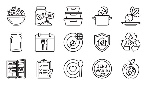 Collection of black line art icons representing zero waste, sustainable living, and healthy eating concepts, including recycling, meal prep, and eco-friendly choices in a clean vector style