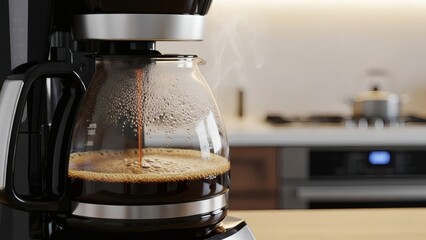 Morning Brew Coffee Maker Pouring Fresh Coffee in a Bright Kitchen Scene.