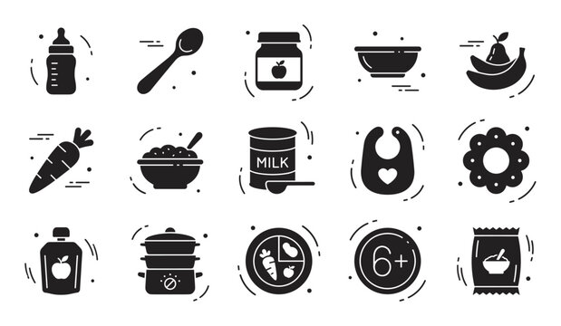 Baby food and feeding accessories icon set in a solid black glyph style for nutrition and childcare concepts, including bottle, puree, spoon, and bib illustrations