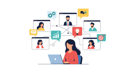 Professional woman working on a laptop connected to multiple video conference windows and various business related icons.