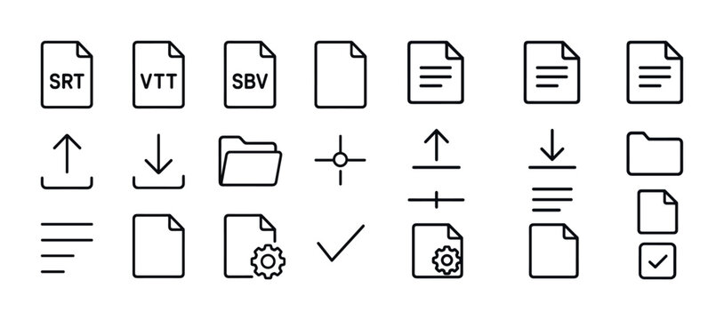 Subtitle and document icons set: srt, vtt, sbv file types with download, upload, settings symbols