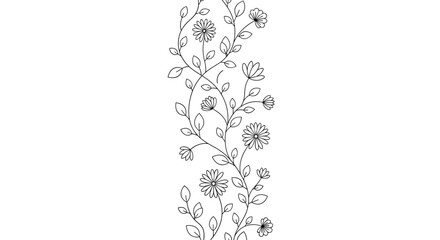Vertical decorative border featuring a climbing vine of delicate black and white hand drawn flowers and small green leaves.