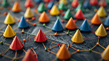 Colorful nodes and abstract profiles illustrating digital communication in connected social networks